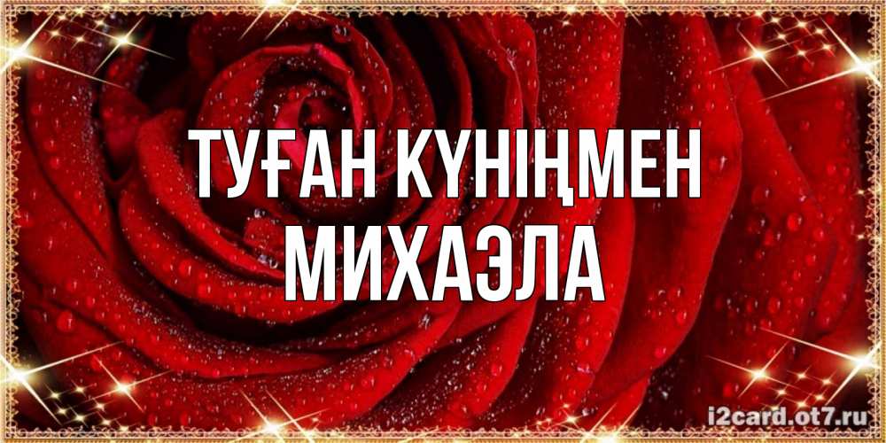 Открытка на каждый день с именем, Михаэла Туған күніңмен роса на розе блестящая в лучах солнца Прикольная открытка с пожеланием онлайн скачать бесплатно 