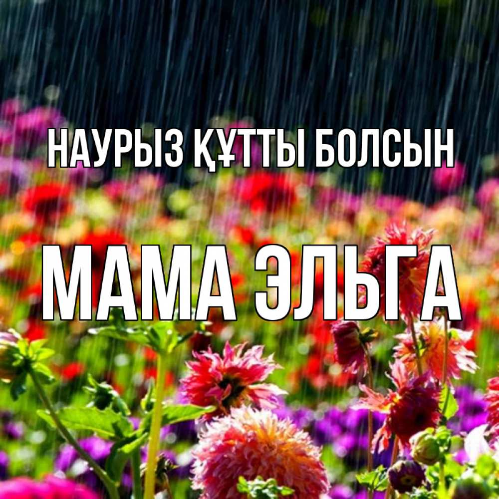 Открытка на каждый день с именем, Мама-Эльга Наурыз құтты болсын цветы под дождиком к наурызу Прикольная открытка с пожеланием онлайн скачать бесплатно 