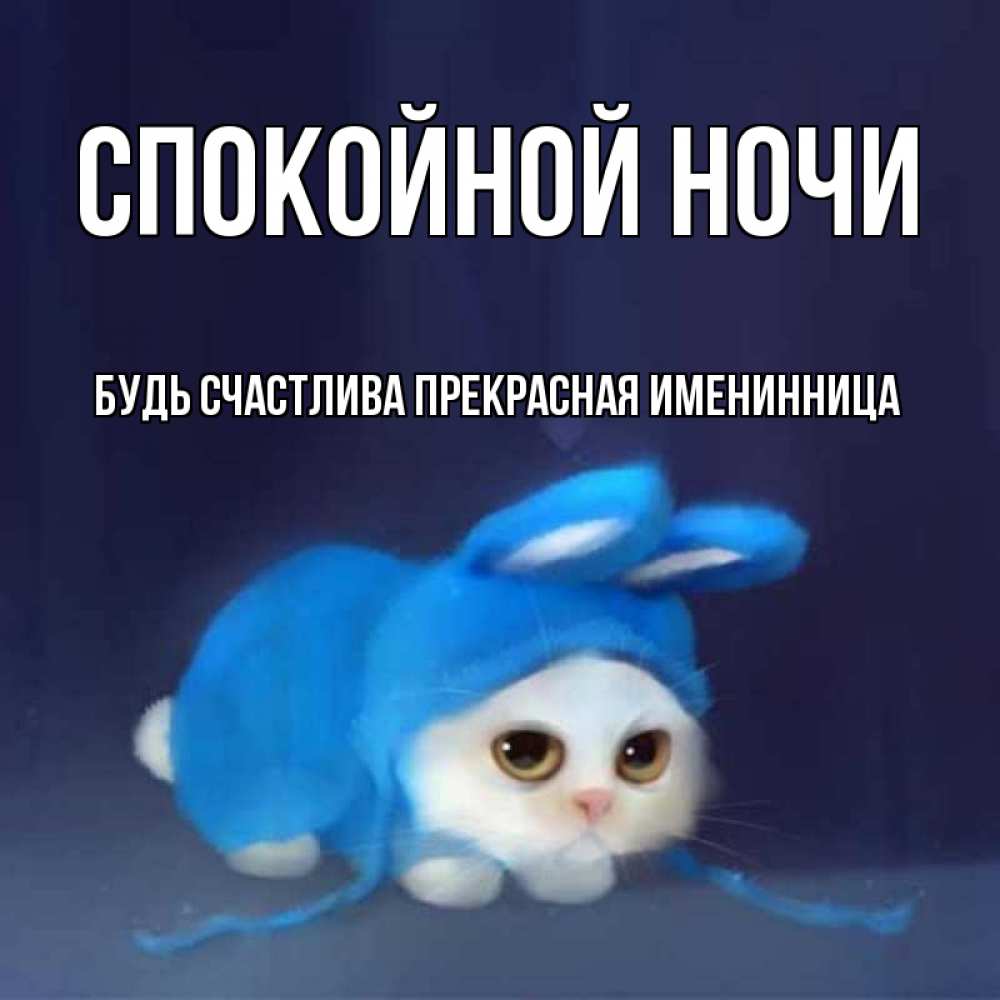 Открытка на каждый день с именем, Будь-счастлива-прекрасная-ИМЕНИННИЦА Спокойной ночи кот в голубом костюме кролика с ушками Прикольная открытка с пожеланием онлайн скачать бесплатно 