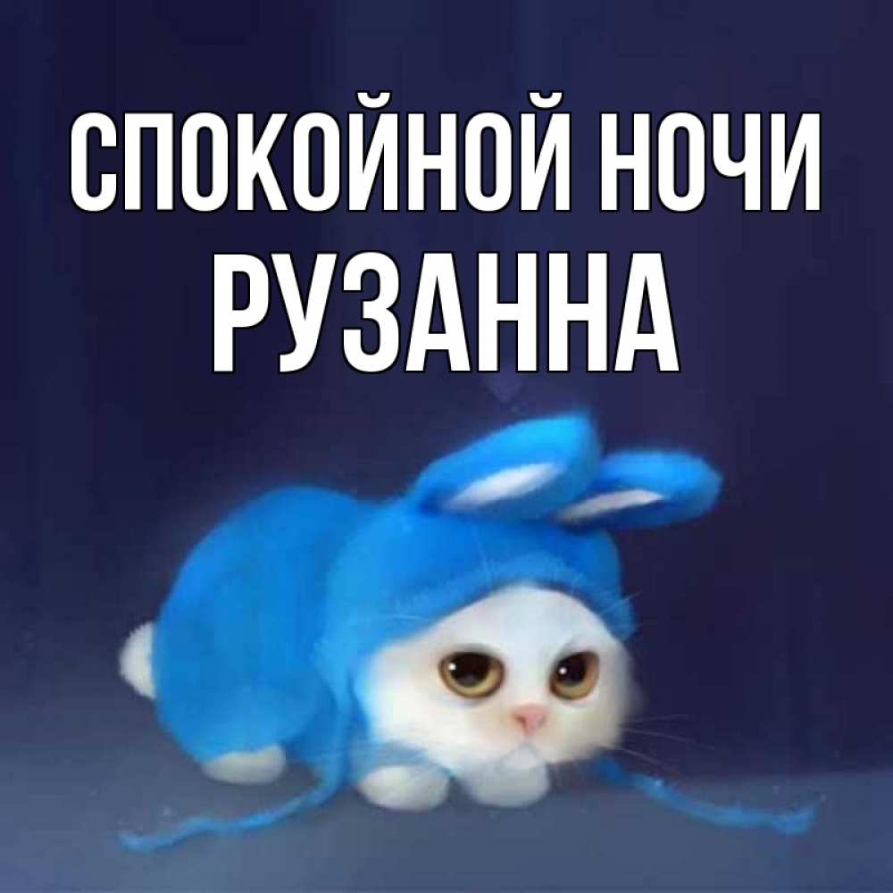 Открытка на каждый день с именем, Рузанна Спокойной ночи кот в голубом костюме кролика с ушками Прикольная открытка с пожеланием онлайн скачать бесплатно 