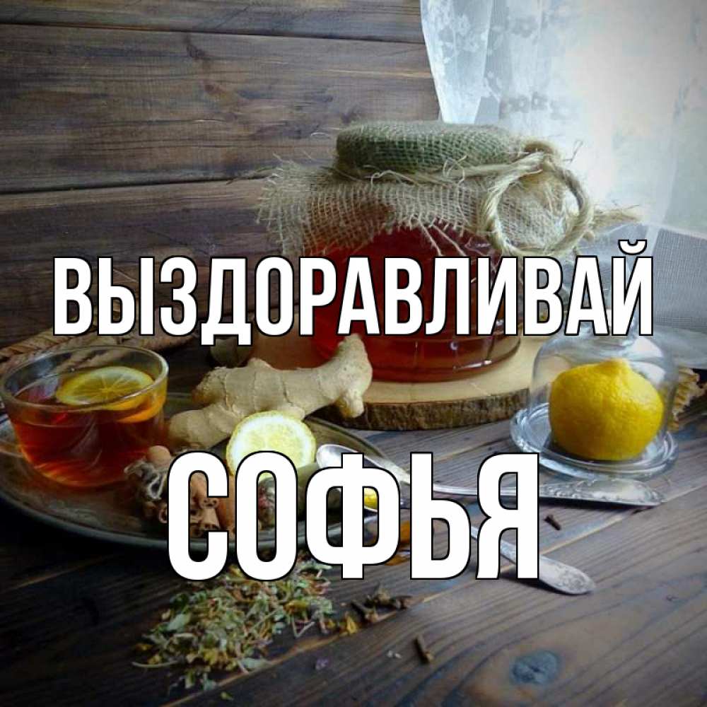 Открытка на каждый день с именем, Софья Выздоравливай банка с медом Прикольная открытка с пожеланием онлайн скачать бесплатно 