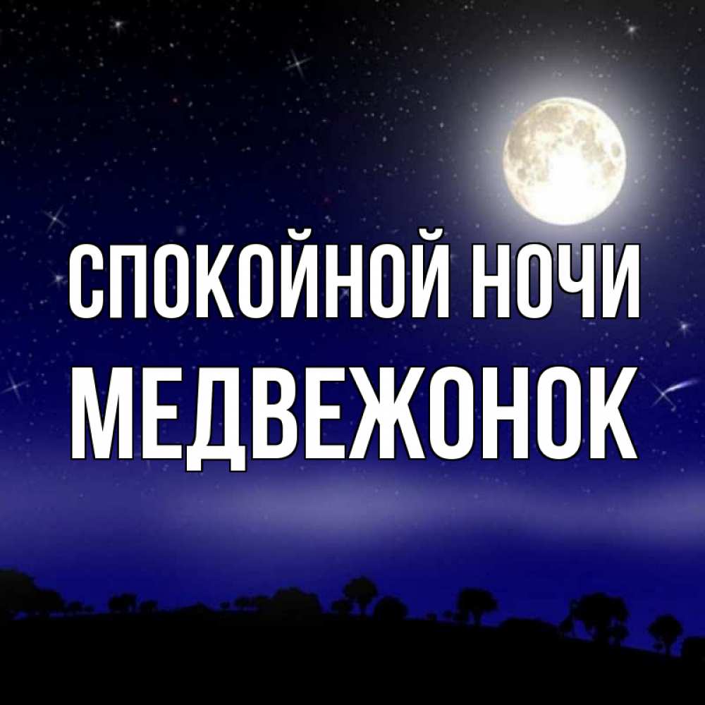 Открытка на каждый день с именем, Медвежонок Спокойной ночи ночное небо и лесная опушка при свете луны Прикольная открытка с пожеланием онлайн скачать бесплатно 