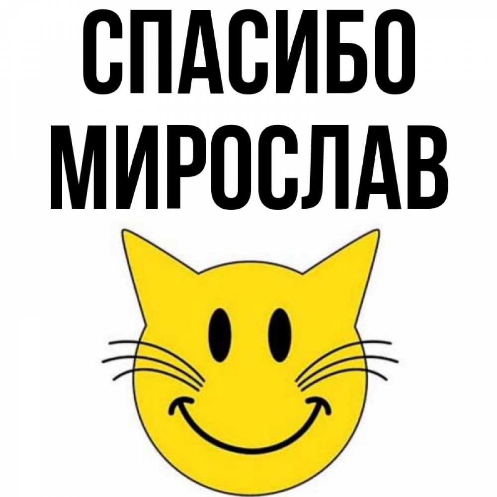 Открытка на каждый день с именем, Мирослав Спасибо улыбающийся смайл кот Прикольная открытка с пожеланием онлайн скачать бесплатно 
