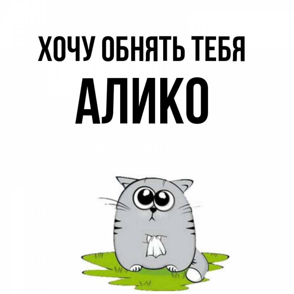 Открытка на каждый день с именем, Алико Хочу обнять тебя котик теребит платочек сидя на травке Прикольная открытка с пожеланием онлайн скачать бесплатно 