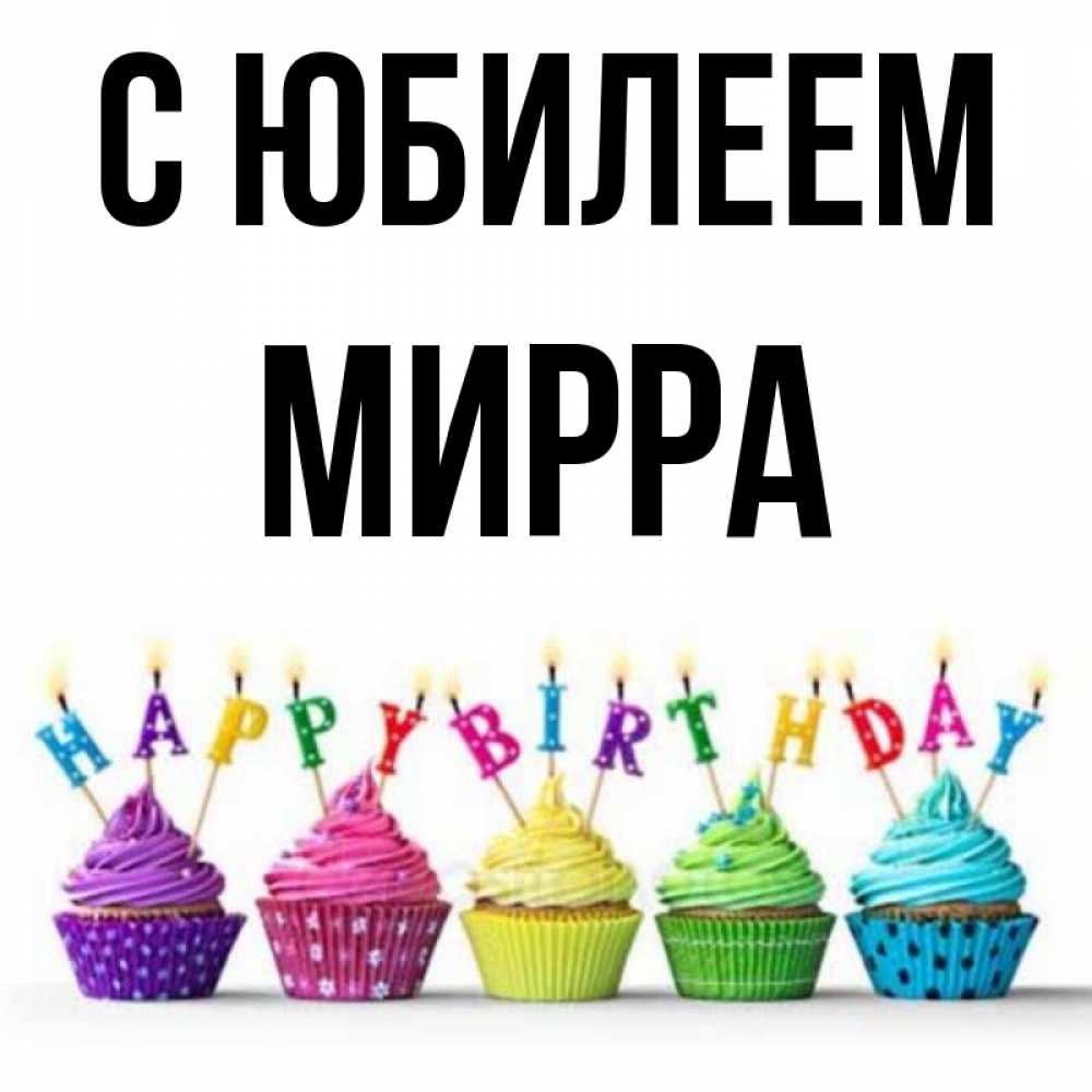 Открытка на каждый день с именем, Мирра С юбилеем открытка ко дню рождения с разноцветными вкусняшками Прикольная открытка с пожеланием онлайн скачать бесплатно 