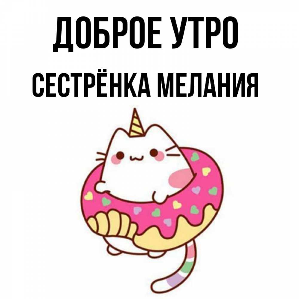 Открытка на каждый день с именем, Сестрёнка-Мелания Доброе утро кот в бублике Прикольная открытка с пожеланием онлайн скачать бесплатно 