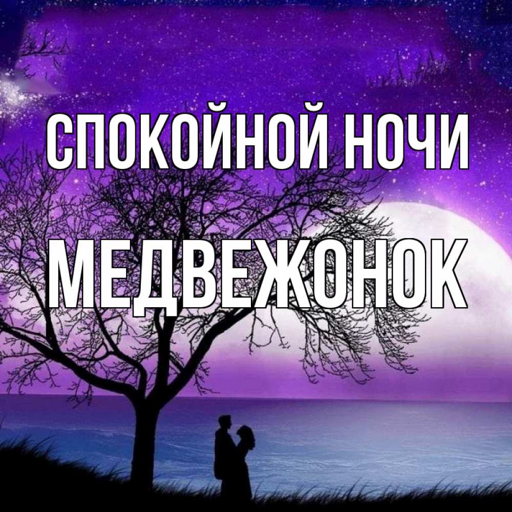 Открытка на каждый день с именем, Медвежонок Спокойной ночи огромная луна и парочка Прикольная открытка с пожеланием онлайн скачать бесплатно 