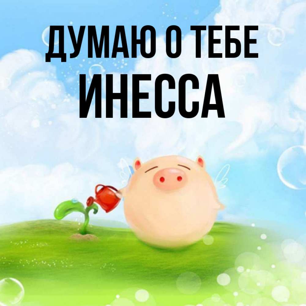 Открытка на каждый день с именем, Инесса Думаю о тебе позитивная свинюшка Прикольная открытка с пожеланием онлайн скачать бесплатно 