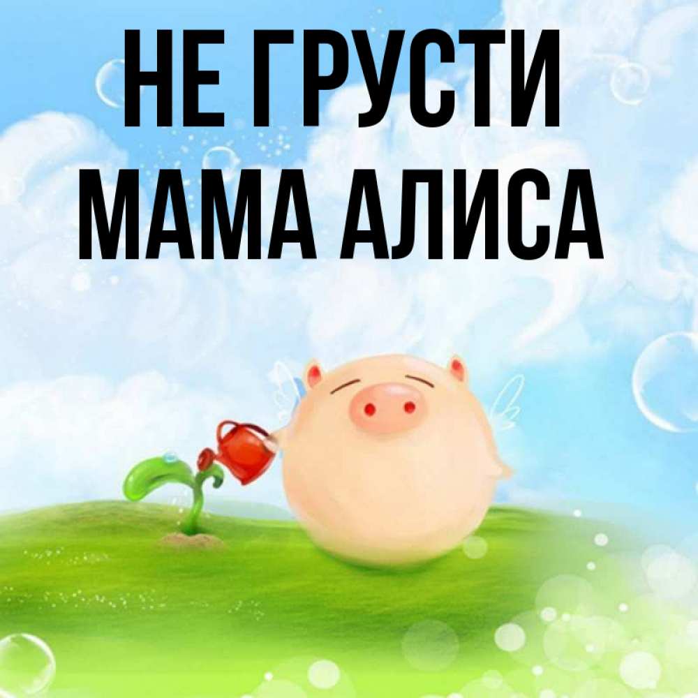 Открытка на каждый день с именем, Мама-Алиса Не грусти поливает цветок порося Прикольная открытка с пожеланием онлайн скачать бесплатно 