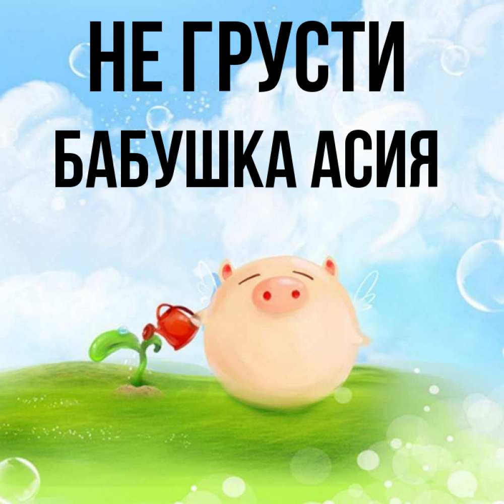 Открытка на каждый день с именем, Бабушка-Асия Не грусти поливает цветок порося Прикольная открытка с пожеланием онлайн скачать бесплатно 