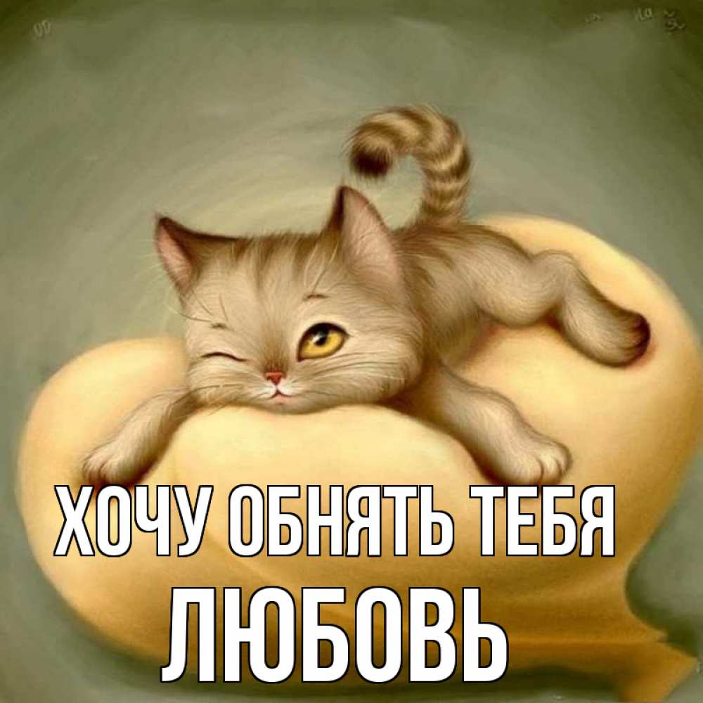 Открытка на каждый день с именем, Любовь Хочу обнять тебя кошечка Прикольная открытка с пожеланием онлайн скачать бесплатно 