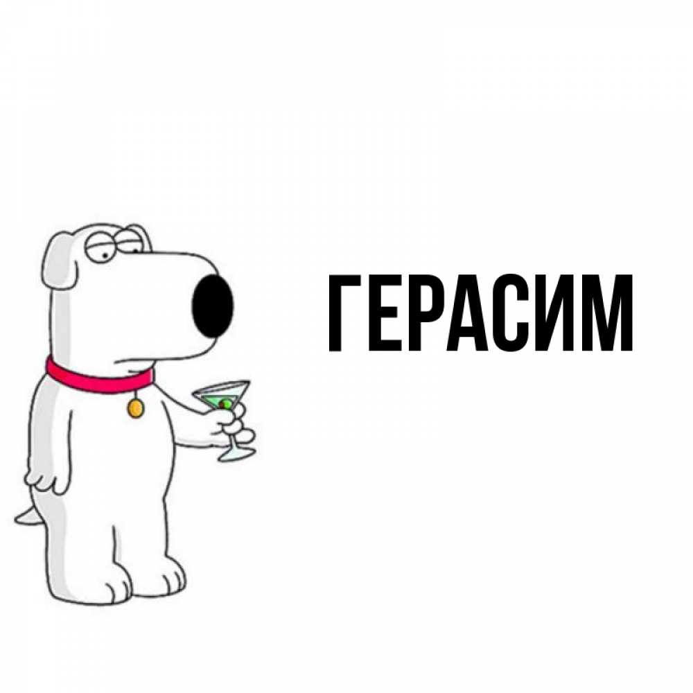 Открытка на каждый день с именем, Герасим Главная песик с оливками Прикольная открытка с пожеланием онлайн скачать бесплатно 