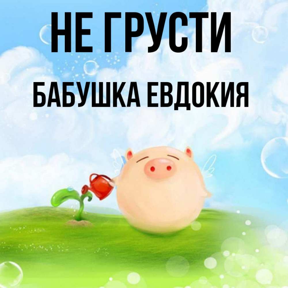 Открытка на каждый день с именем, Бабушка-Евдокия Не грусти поливает цветок порося Прикольная открытка с пожеланием онлайн скачать бесплатно 