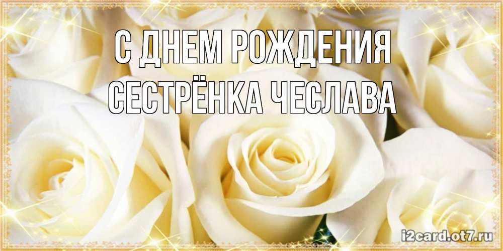 Открытка на каждый день с именем, Сестрёнка-Чеслава С днем рождения розочки белого цвета на открытке Прикольная открытка с пожеланием онлайн скачать бесплатно 
