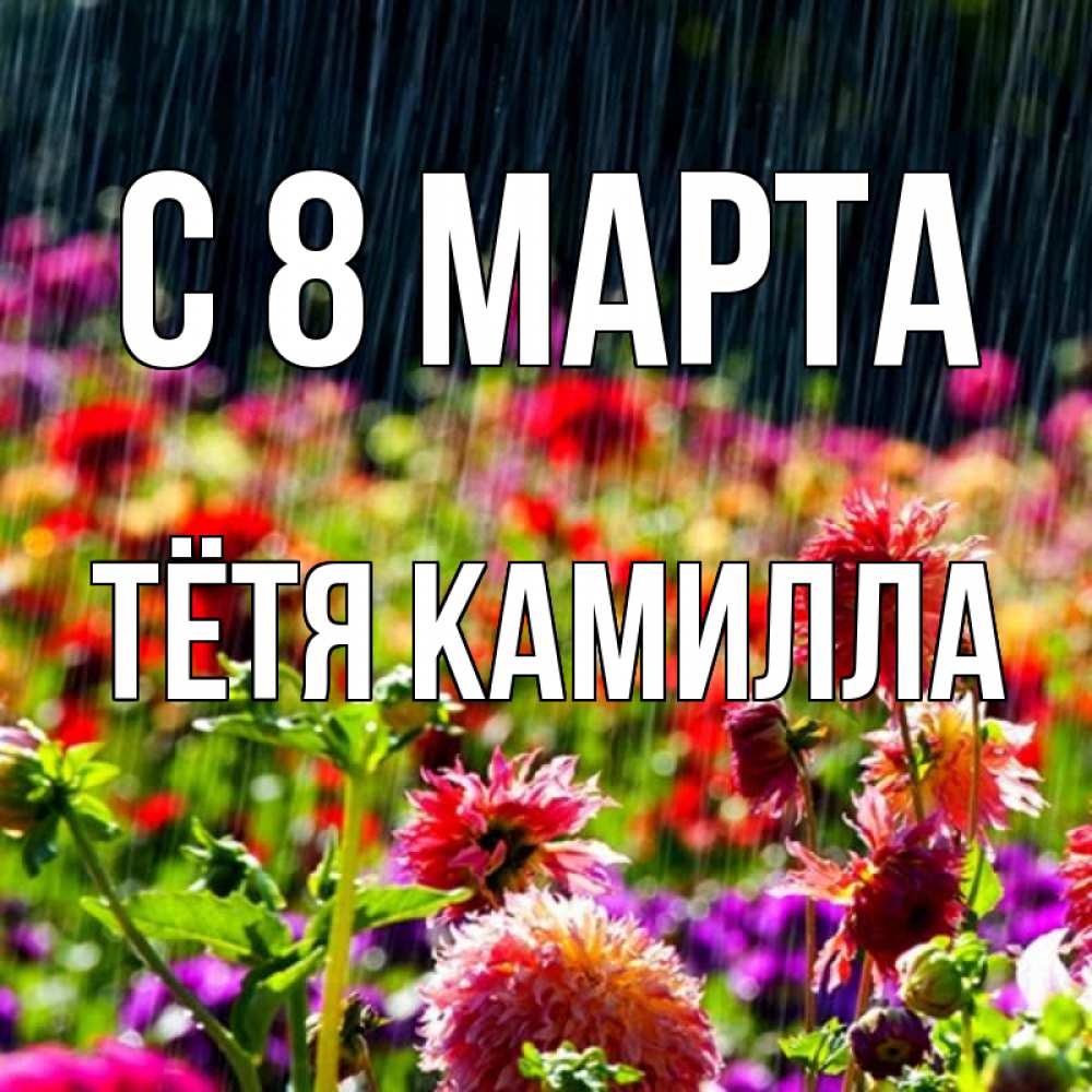 Открытка на каждый день с именем, Тётя-Камилла С 8 МАРТА цветы под дождиком к международному женскому дню Прикольная открытка с пожеланием онлайн скачать бесплатно 