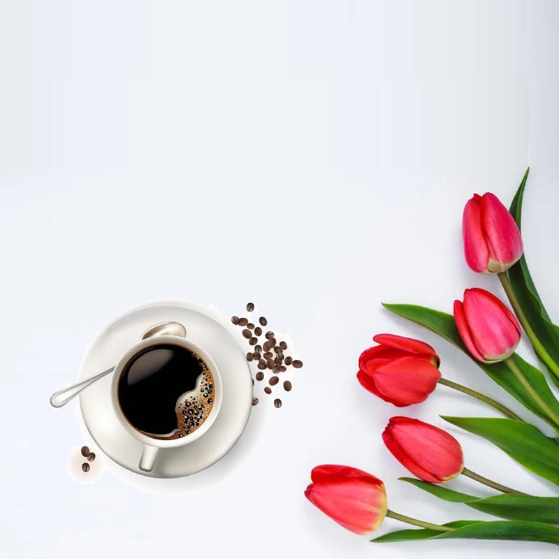 Открытка тюльпаны и кофе  красное блюдце  Доброе утро 