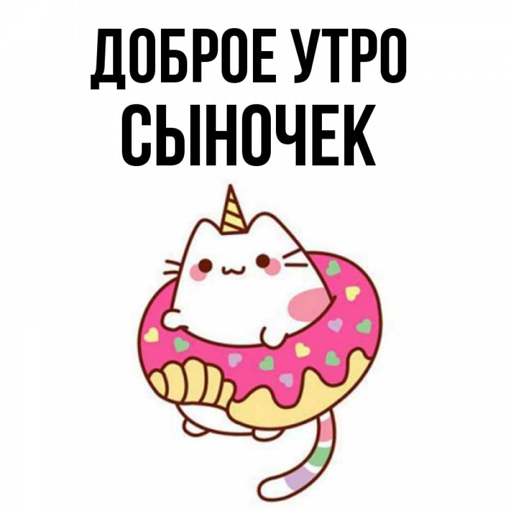 Открытка на каждый день с именем, Сыночек Доброе утро кот в бублике Прикольная открытка с пожеланием онлайн скачать бесплатно 