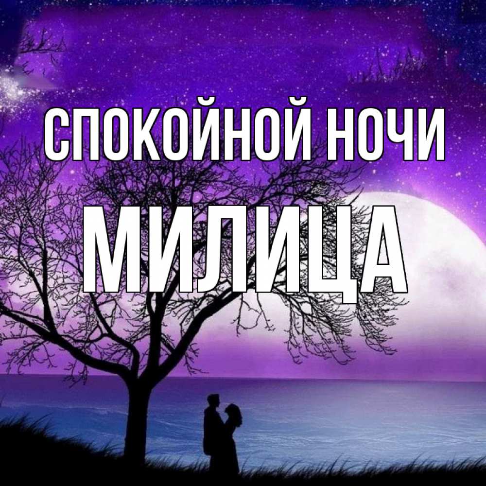 Открытка на каждый день с именем, Милица Спокойной ночи огромная луна и парочка Прикольная открытка с пожеланием онлайн скачать бесплатно 