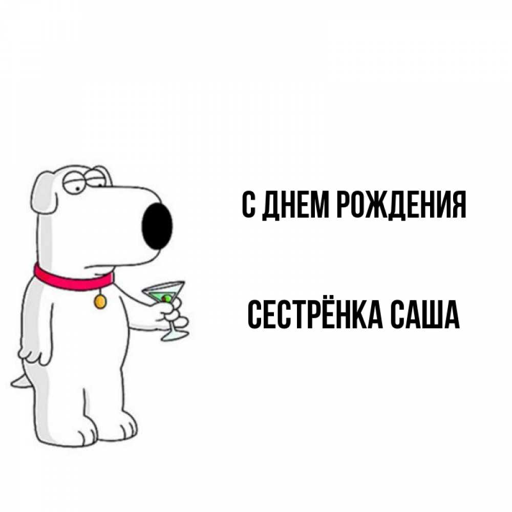 Открытка на каждый день с именем, Сестрёнка-Саша С днем рождения песик с оливками Прикольная открытка с пожеланием онлайн скачать бесплатно 
