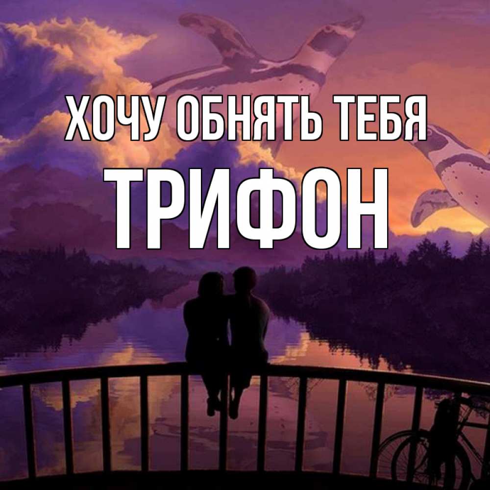 Открытка на каждый день с именем, Трифон Хочу обнять тебя парочка сидит на мосте или на набережной Прикольная открытка с пожеланием онлайн скачать бесплатно 