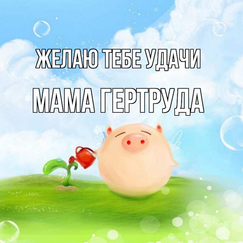 Открытка на каждый день с именем, Мама-Гертруда Желаю тебе удачи поросенок поливает цветок. летнее настроение Прикольная открытка с пожеланием онлайн скачать бесплатно 