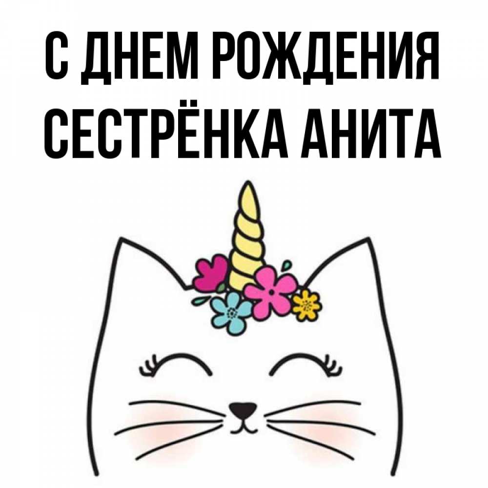 Открытка на каждый день с именем, Сестрёнка-Анита С днем рождения милый кот с одним рожком Прикольная открытка с пожеланием онлайн скачать бесплатно 