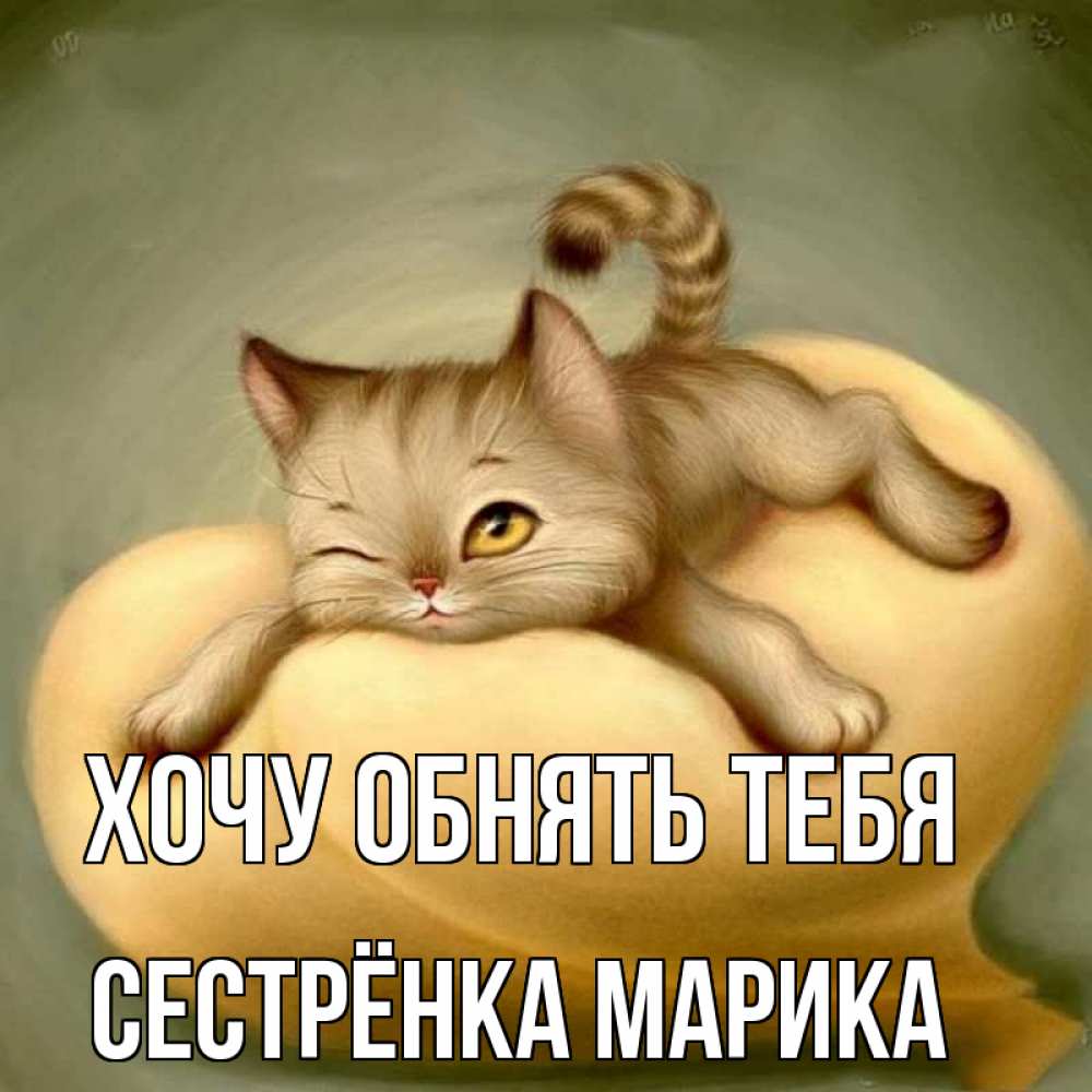 Открытка на каждый день с именем, Сестрёнка-Марика Хочу обнять тебя кошечка Прикольная открытка с пожеланием онлайн скачать бесплатно 