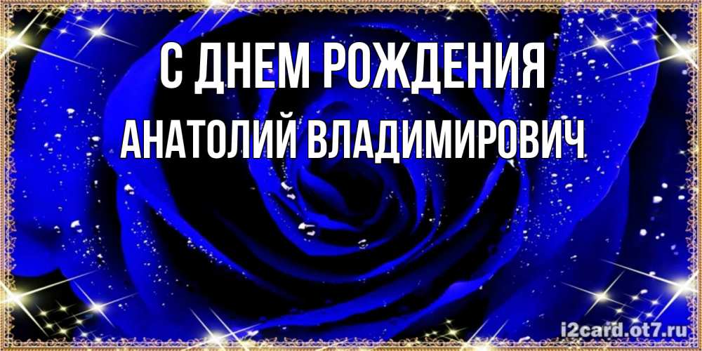 Открытка на каждый день с именем, Анатолий-Владимирович С днем рождения голубые цветы в росе Прикольная открытка с пожеланием онлайн скачать бесплатно 