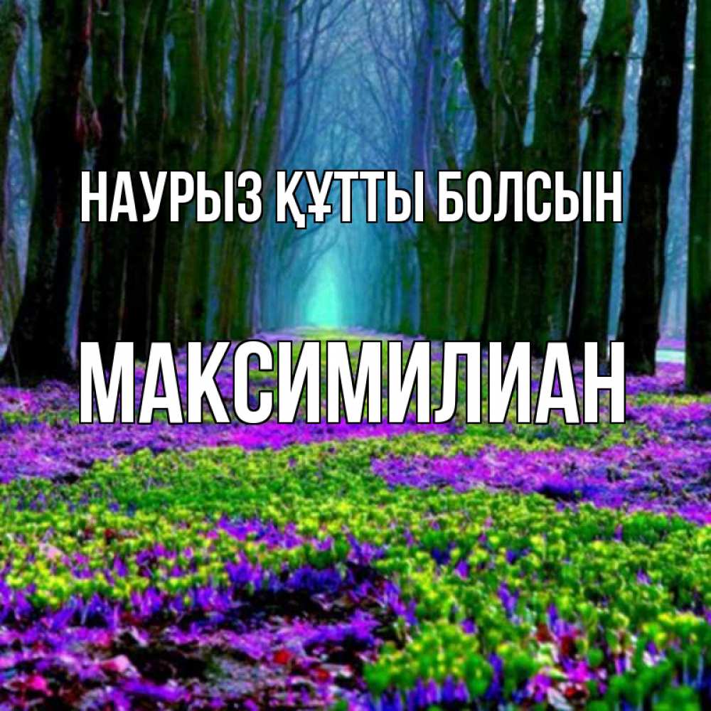 Открытка на каждый день с именем, Максимилиан Наурыз құтты болсын фиолетовые цветы в лесу 1 Прикольная открытка с пожеланием онлайн скачать бесплатно 