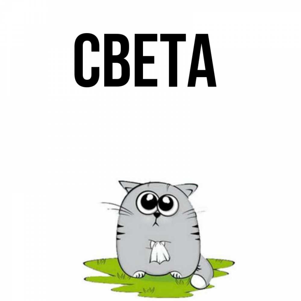 Открытка на каждый день с именем, Света Главная котик теребит платочек сидя на травке Прикольная открытка с пожеланием онлайн скачать бесплатно 