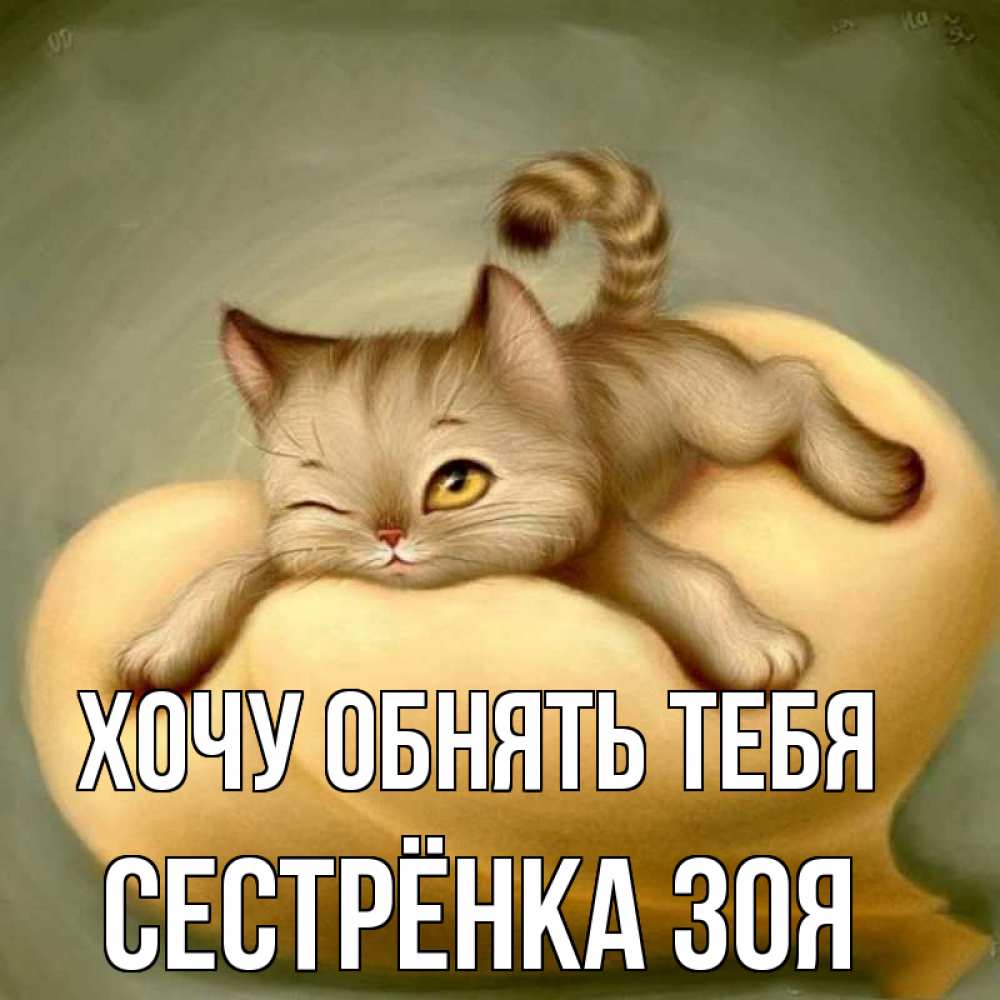 Открытка на каждый день с именем, Сестрёнка-Зоя Хочу обнять тебя кошечка Прикольная открытка с пожеланием онлайн скачать бесплатно 