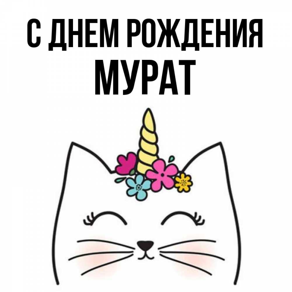 Открытка на каждый день с именем, Мурат С днем рождения милый кот с одним рожком Прикольная открытка с пожеланием онлайн скачать бесплатно 