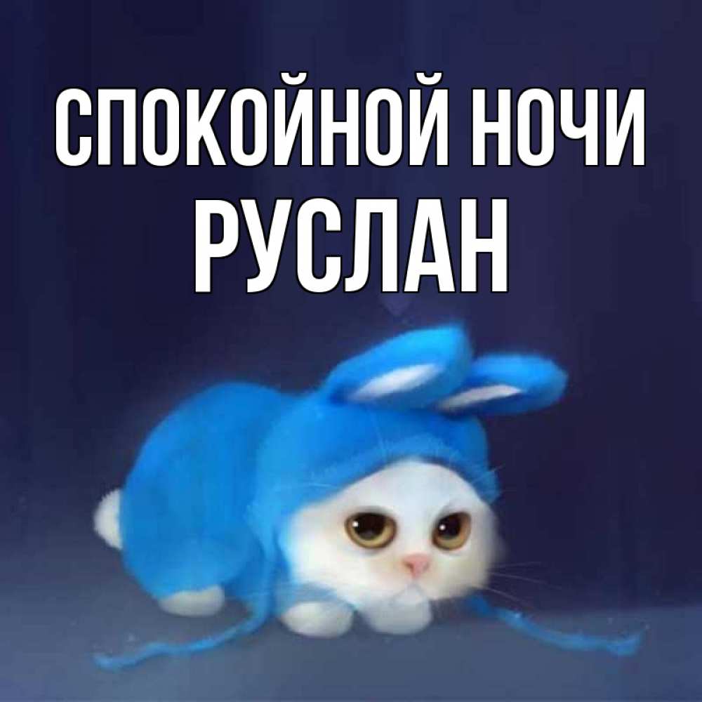 Открытка на каждый день с именем, Руслан Спокойной ночи кот в голубом костюме кролика с ушками Прикольная открытка с пожеланием онлайн скачать бесплатно 