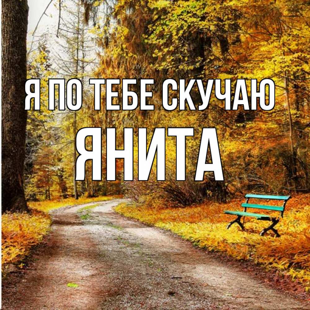 Открытка на каждый день с именем, Янита Я по тебе скучаю зеленая лавочка и осенний лес Прикольная открытка с пожеланием онлайн скачать бесплатно 