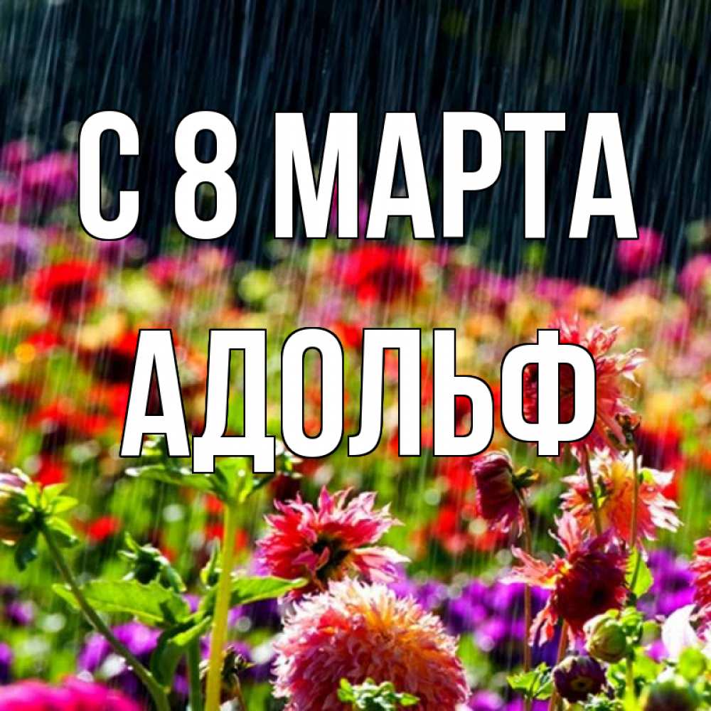 Открытка на каждый день с именем, Адольф С 8 МАРТА цветы под дождиком к международному женскому дню Прикольная открытка с пожеланием онлайн скачать бесплатно 