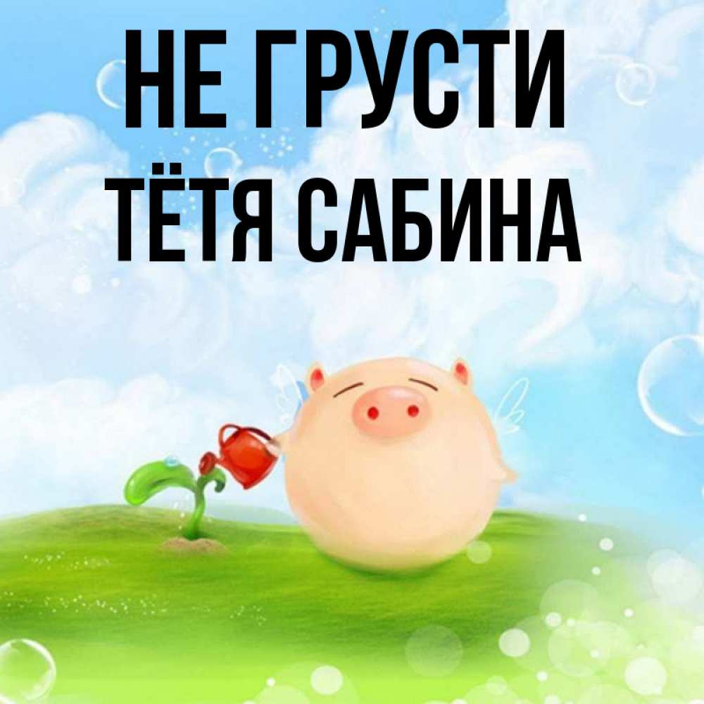 Открытка на каждый день с именем, Тётя-Сабина Не грусти поливает цветок порося Прикольная открытка с пожеланием онлайн скачать бесплатно 