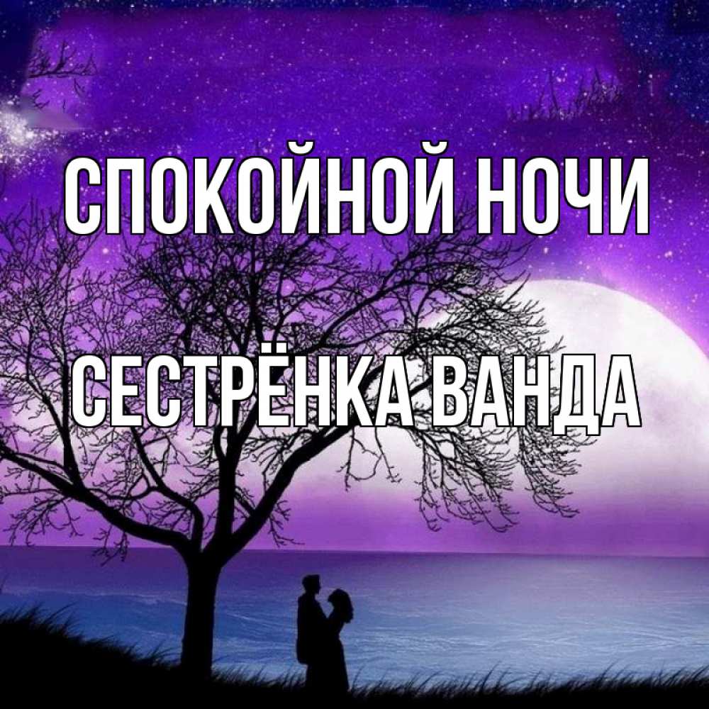 Открытка на каждый день с именем, Сестрёнка-Ванда Спокойной ночи огромная луна и парочка Прикольная открытка с пожеланием онлайн скачать бесплатно 
