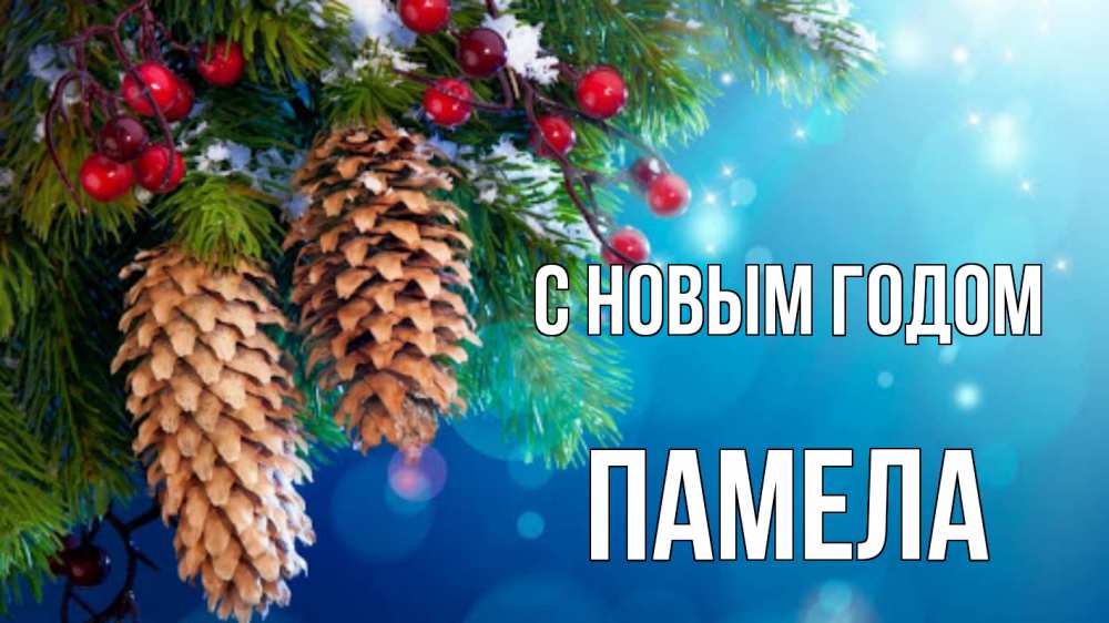 Открытка на каждый день с именем, Памела С новым годом Новый год, ель, шишки Прикольная открытка с пожеланием онлайн скачать бесплатно 