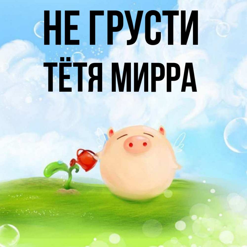 Открытка на каждый день с именем, Тётя-Мирра Не грусти поливает цветок порося Прикольная открытка с пожеланием онлайн скачать бесплатно 