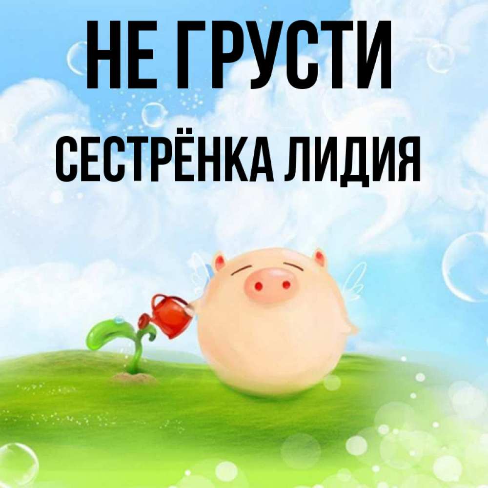 Открытка на каждый день с именем, Сестрёнка-Лидия Не грусти поливает цветок порося Прикольная открытка с пожеланием онлайн скачать бесплатно 