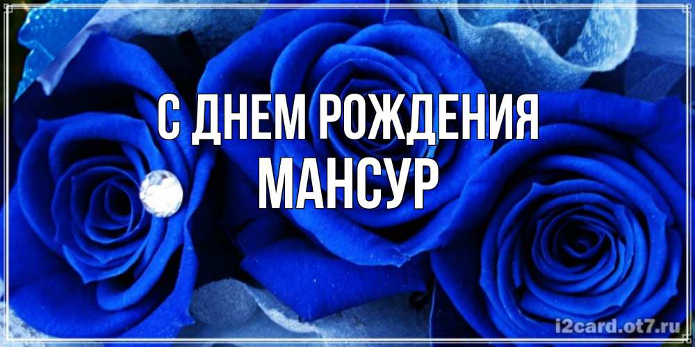 Открытка на каждый день с именем, Мансур С днем рождения синие розы в росе Прикольная открытка с пожеланием онлайн скачать бесплатно 