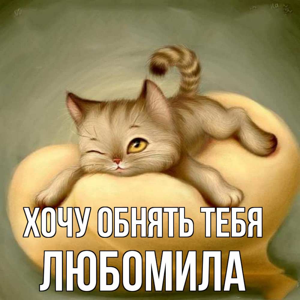 Открытка на каждый день с именем, Любомила Хочу обнять тебя кошечка Прикольная открытка с пожеланием онлайн скачать бесплатно 