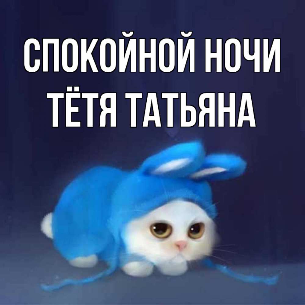 Открытка на каждый день с именем, Тётя-Татьяна Спокойной ночи кот в голубом костюме кролика с ушками Прикольная открытка с пожеланием онлайн скачать бесплатно 