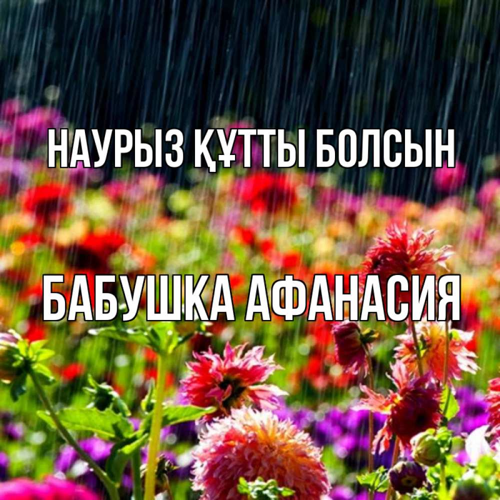 Открытка на каждый день с именем, Бабушка-Афанасия Наурыз құтты болсын цветы под дождиком к наурызу Прикольная открытка с пожеланием онлайн скачать бесплатно 