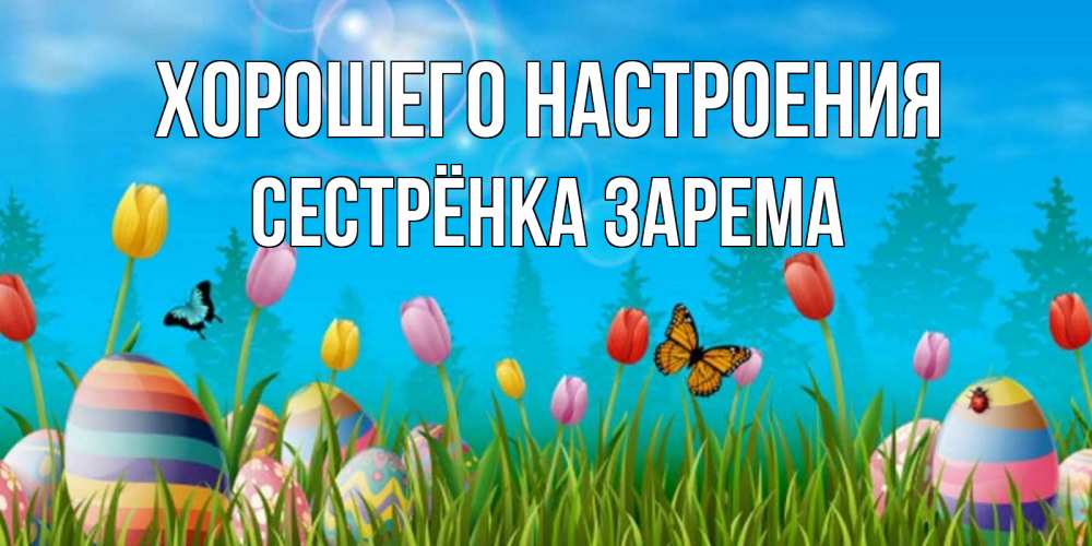 Открытка на каждый день с именем, Сестрёнка-Зарема Хорошего настроения небо и тюльпаны с бабочкой Прикольная открытка с пожеланием онлайн скачать бесплатно 