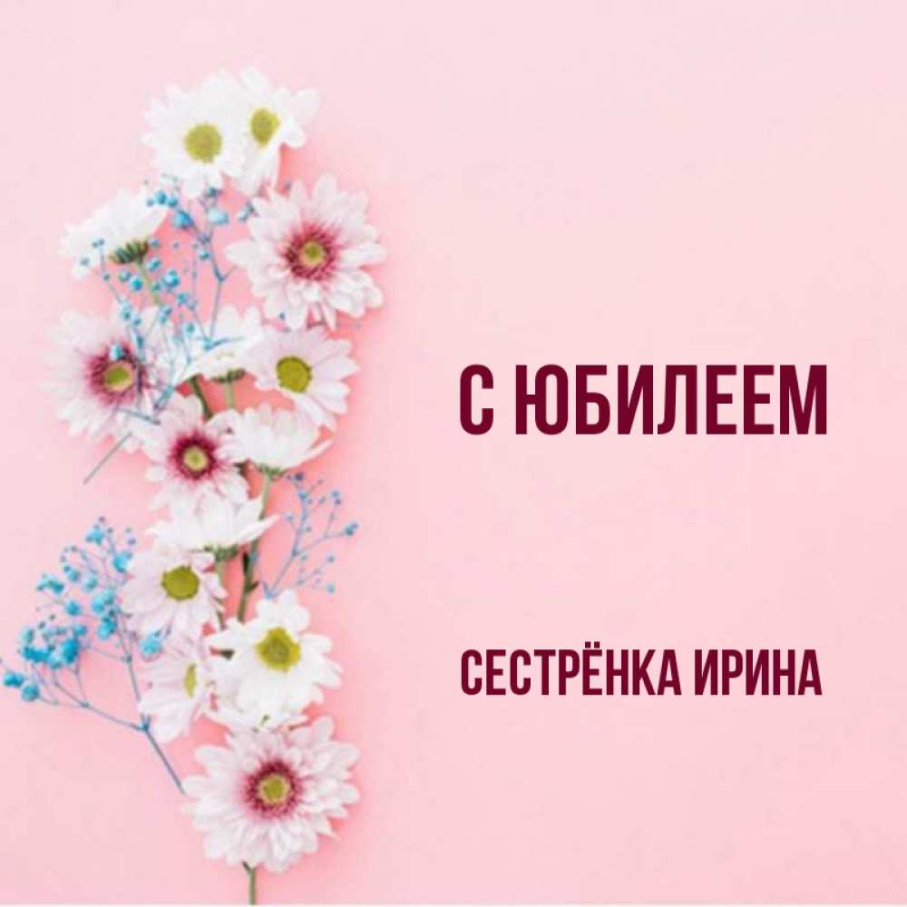 Открытка на каждый день с именем, Сестрёнка-Ирина С юбилеем Родная моя с днем рождения тебя картинка с цветами белыми и голубыми Прикольная открытка с пожеланием онлайн скачать бесплатно 