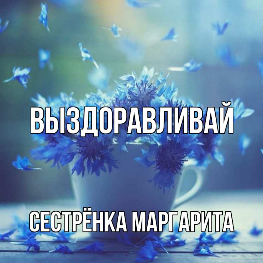 Открытка на каждый день с именем, Сестрёнка-Маргарита Выздоравливай кружка с зельем и цветами Прикольная открытка с пожеланием онлайн скачать бесплатно 
