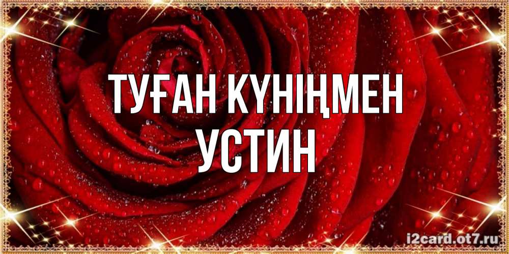 Открытка на каждый день с именем, Устин Туған күніңмен роса на розе блестящая в лучах солнца Прикольная открытка с пожеланием онлайн скачать бесплатно 