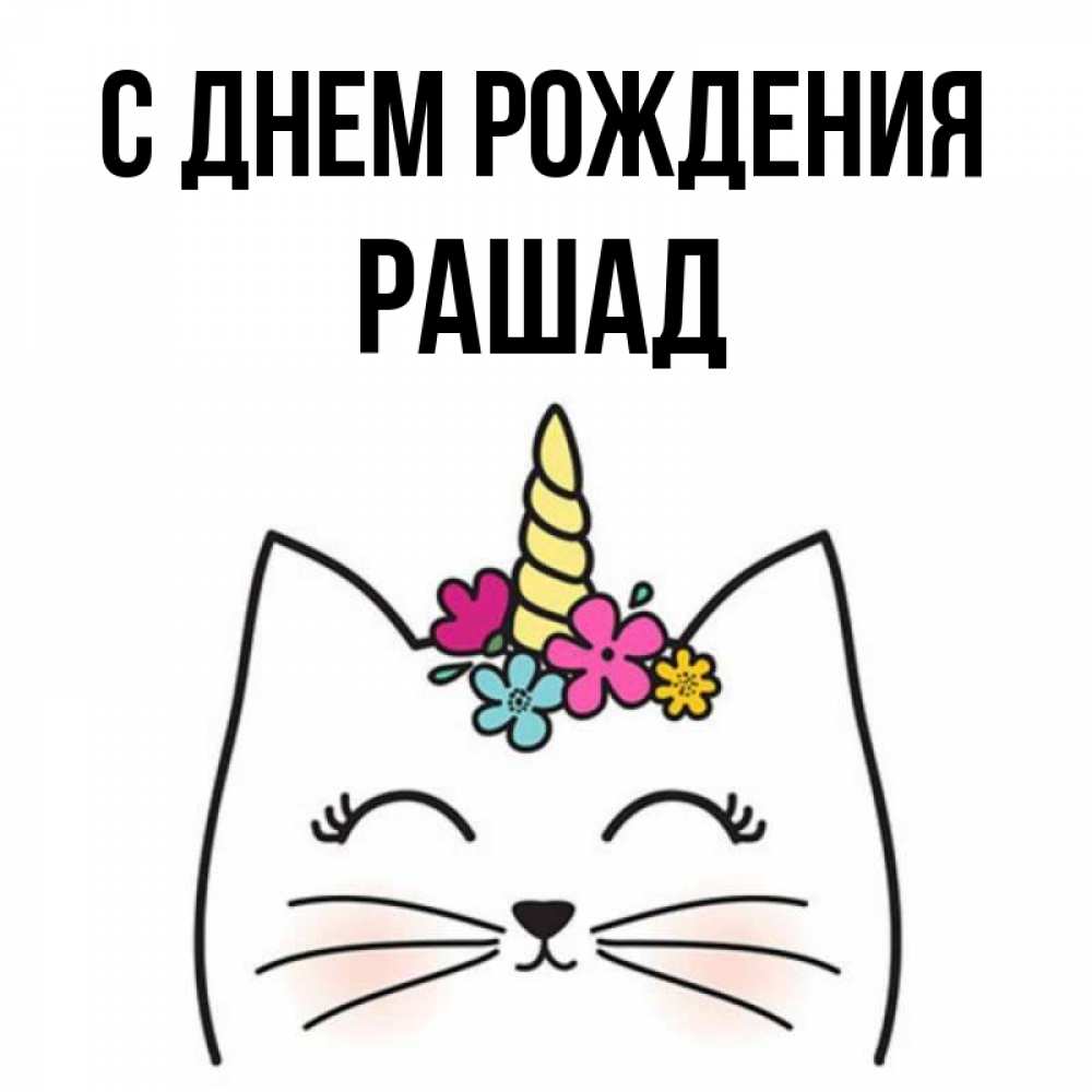 Открытка на каждый день с именем, Рашад С днем рождения милый кот с одним рожком Прикольная открытка с пожеланием онлайн скачать бесплатно 