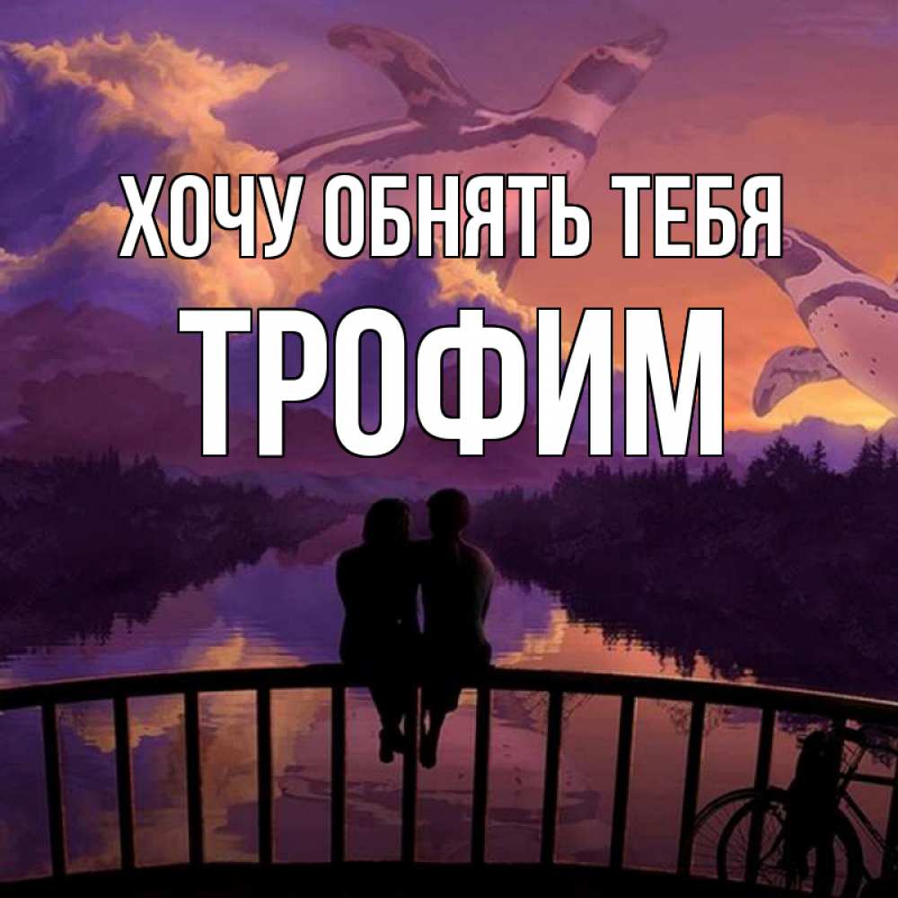 Открытка на каждый день с именем, Трофим Хочу обнять тебя парочка сидит на мосте или на набережной Прикольная открытка с пожеланием онлайн скачать бесплатно 